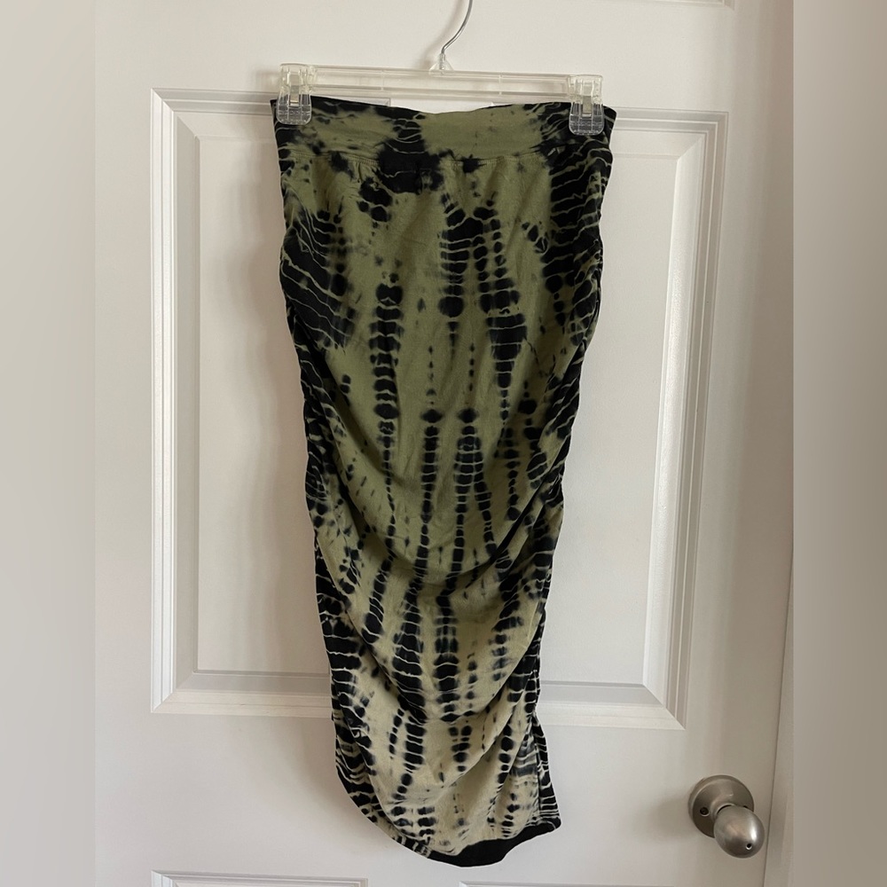 Hard Tail Forever Midi Ruched Pencil Skirt. Black/Green Tie-Dye, Size S.